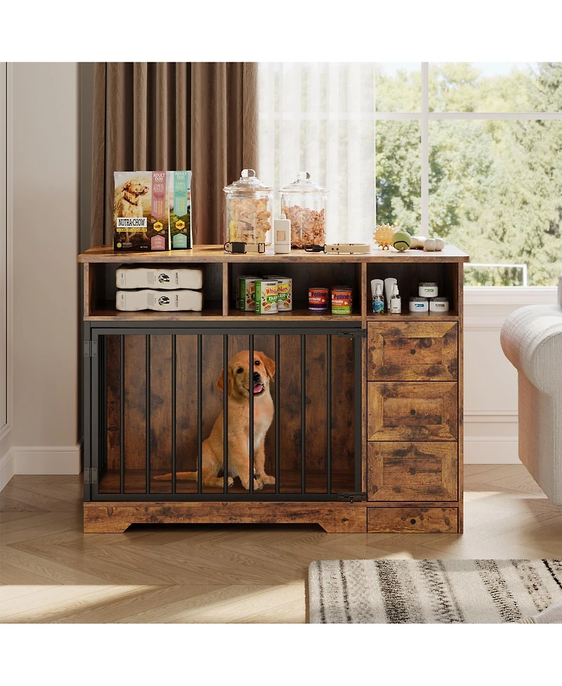 Homfan Furniture Style Dog Crate Cabinet with Feeding Bowls