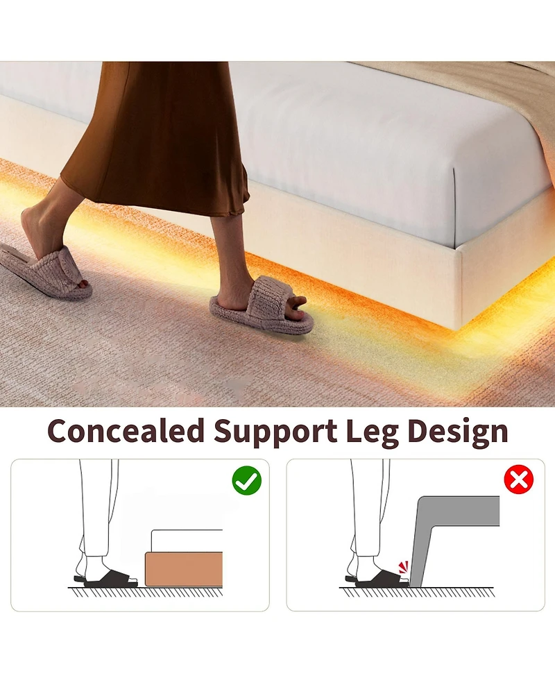homfan Modern Floating Bed with Led Lights, Charging Station, Upholstered Platform, Storage Headboard, Metal Slats, No Box Spring Needed