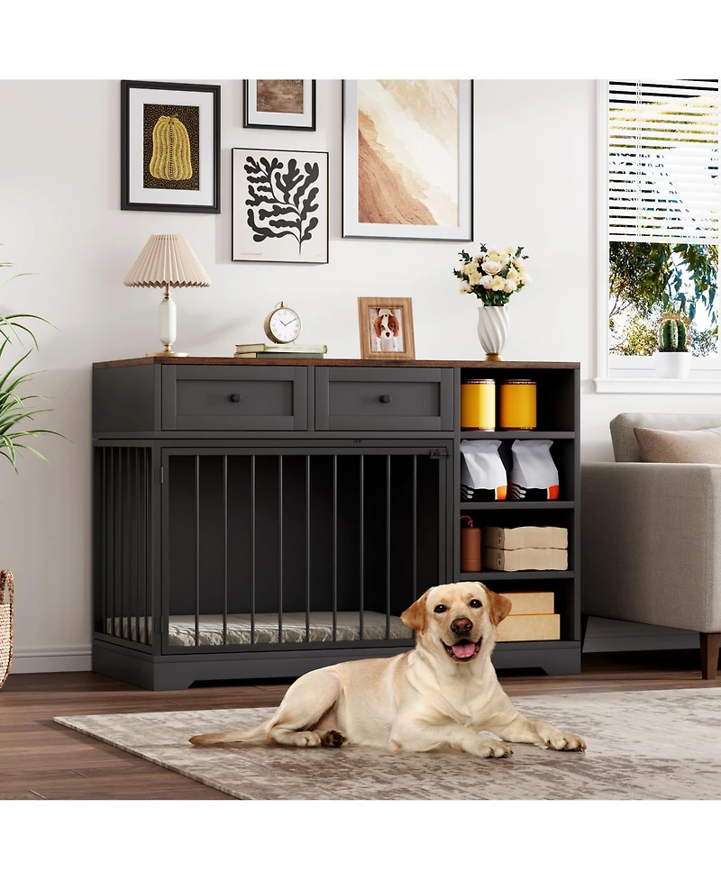 homfan Dog Crate Furniture, 47 Inch Wooden Indoor Kennel Tv Stand with 2 Drawers and 4 Shelves for Medium Large Dogs