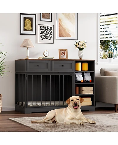 homfan Dog Crate Furniture, 47 Inch Wooden Indoor Kennel Tv Stand with 2 Drawers and 4 Shelves for Medium Large Dogs