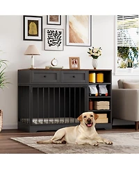 homfan Dog Crate Furniture, 47 Inch Wooden Indoor Kennel Tv Stand with 2 Drawers and 4 Shelves for Medium Large Dogs