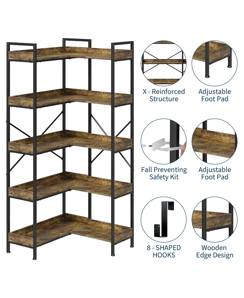 homfan 5-Tier Wide Bookshelf Rustic Wooden Shelving Unit for Bedroom, Living Room, Home or Office, Display Shelf with Character