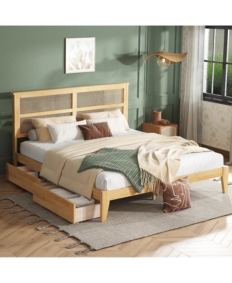 Sailvan Bed with Rattan Headboard, 2 Drawers
