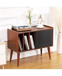 homfan Rustic Wooden Record Player Stand with Sliding Door and Led Light - Turntable Cabinet Table with Power Outlet