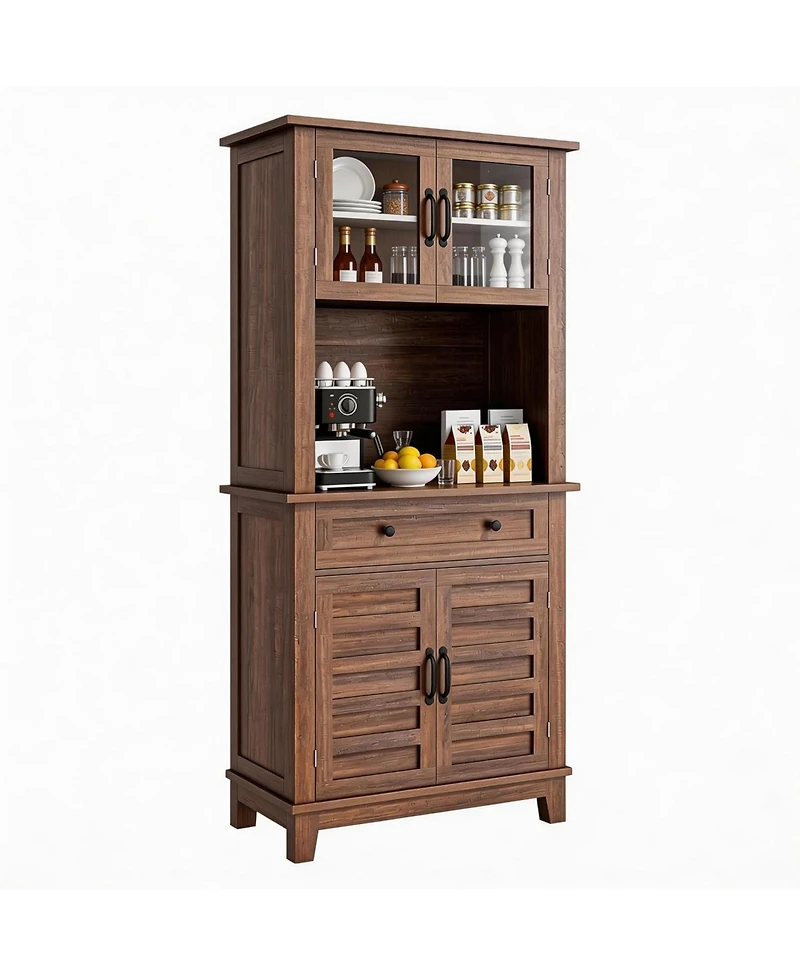 homfan 72" Farmhouse Coffee Bar Cabinet with Glass Doors, Drawer and Microwave Storage