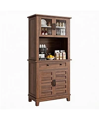 homfan 72" Farmhouse Coffee Bar Cabinet with Glass Doors, Drawer and Microwave Storage