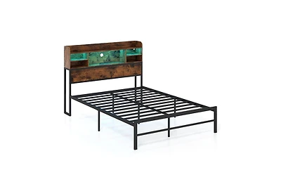 Gymax Full Size Bed Frame With Led Lights and Charging Station Industrial Metal Platform Bed