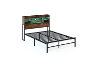 Gymax Full Size Bed Frame With Led Lights and Charging Station Industrial Metal Platform Bed