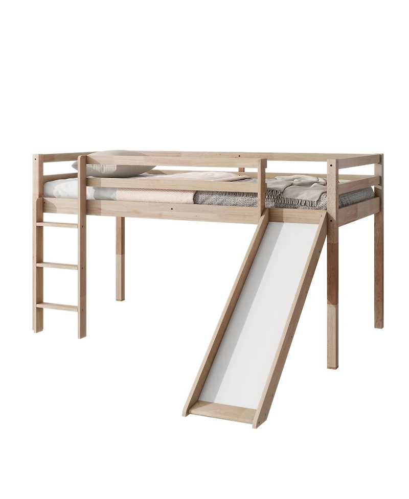 Sailvan Twin Low Loft Bed with Slide, Ladder, Safety Guardrails, Rubber Wood