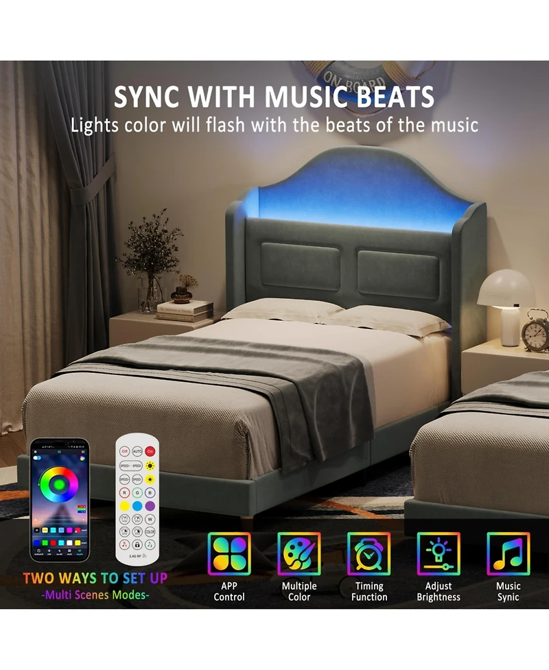 homfan Upholstered Twin Kids Bed with Soft Padded Headboard Led Night Light, Storage, Sturdy Iron and Plywood Frame, Easy Assembly