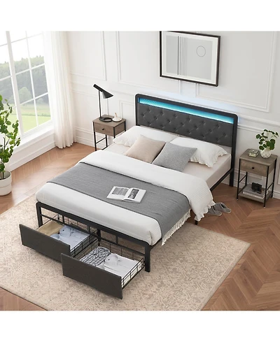 homfan Modern Storage Bed Frame with Led Headboard Upholstered Platform, Button Tufted, 2 Drawers, Heavy Duty Metal Slats, Noise Free, Easy Assembly