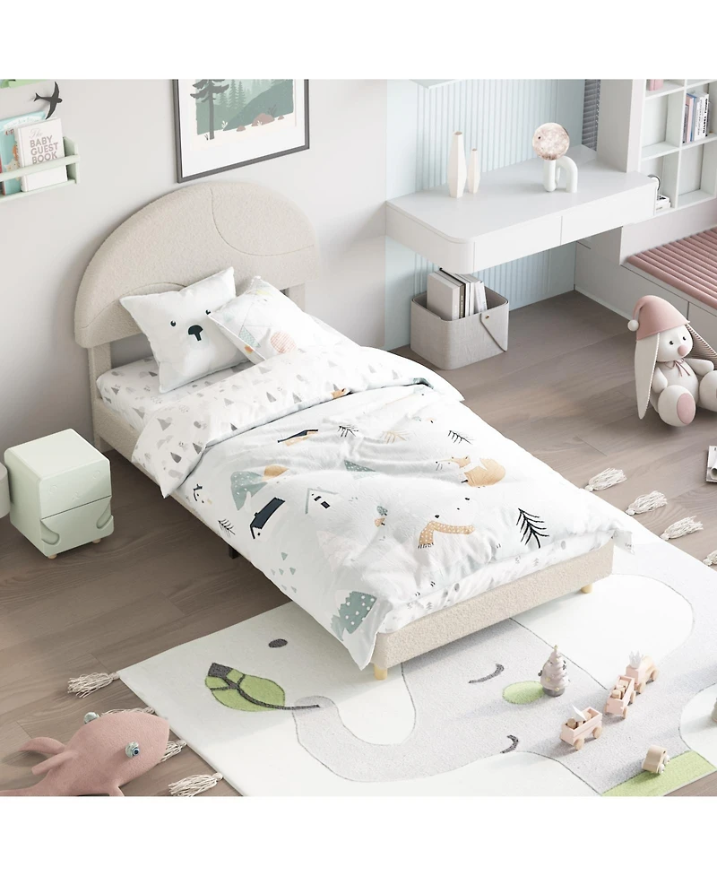 homfan Twin Modern Kids Bed Frame with Arch Boucle Upholstered Headboard, Sturdy Wooden Slats, Noise Free, No Box Seasonal Needed, Easy Assembly