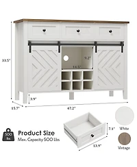 homfan Rustic Sideboard Cabinet Sliding Barn Door, 3 Drawers, Wine Rack and Adjustable Shelf for Dining Room or Living Room