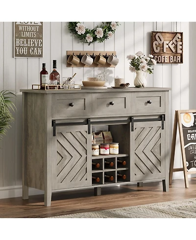 homfan 47.2" Vintage Sideboard Barn Door Buffet Cabinet with 3 Drawers, Wine Rack and Adjustable Shelf for Dining Room