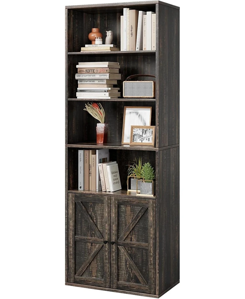 homfan 71.4" Tall Industrial Large Bookcase with Doors Floorstanding Shelving Unit with Storage Shelves for Living Room, Bedroom or Office
