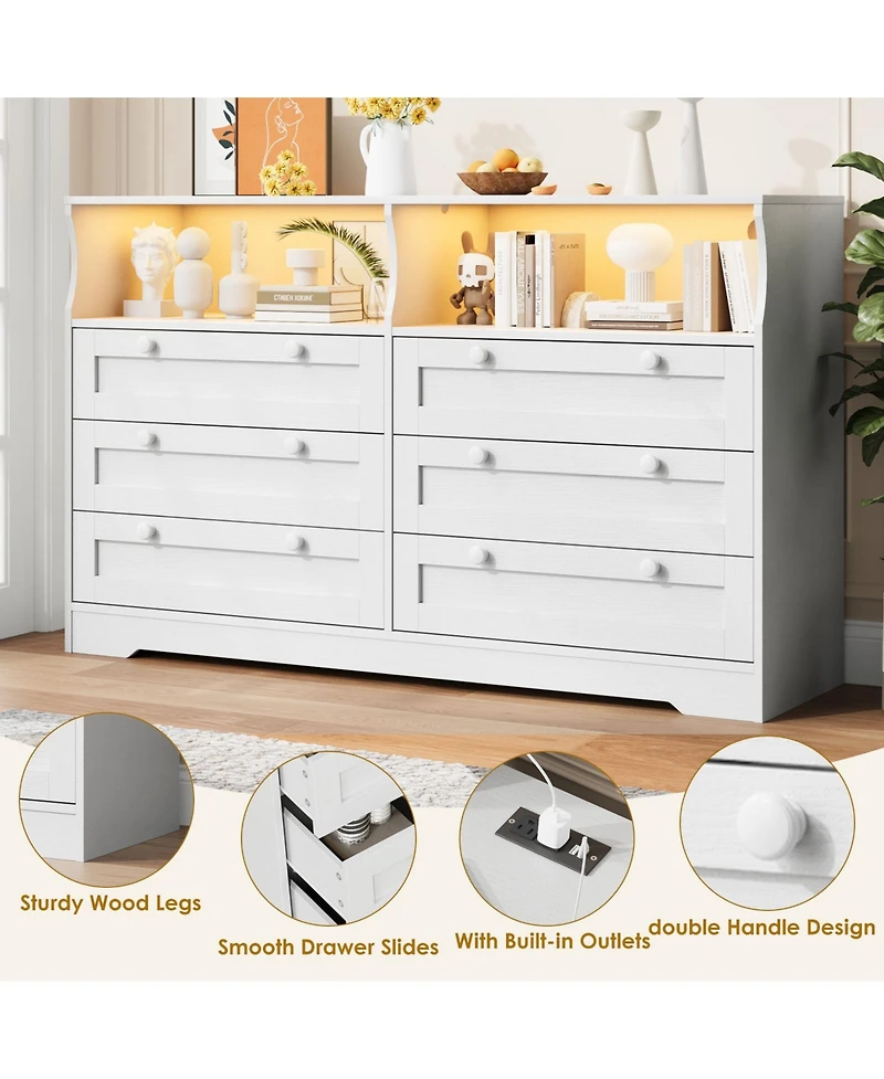 homfan Modern 6 Drawer Dresser with Led Lights and Power Outlet, Wooden Entryway Storage Cabinet and Tv Stand, Spacious Organizer for Bedroom