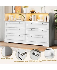 homfan Modern 6 Drawer Dresser with Led Lights and Power Outlet, Wooden Entryway Storage Cabinet and Tv Stand, Spacious Organizer for Bedroom