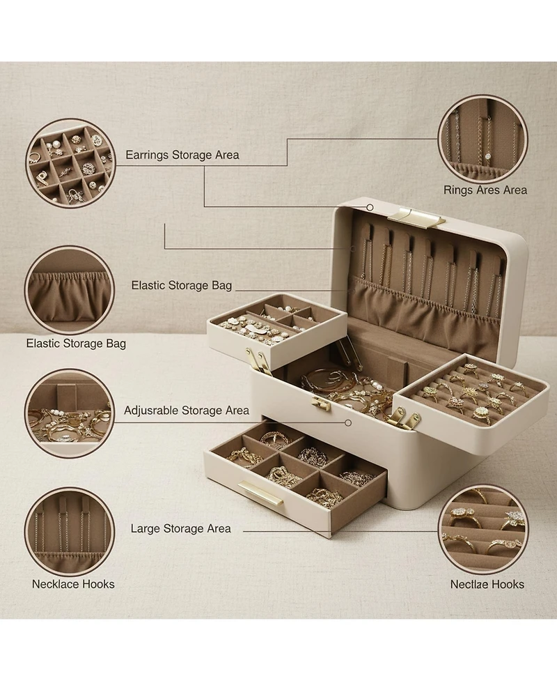Yigii 3 Layers Jewelry Organizer Box with Drawers Pu Leather Storage for Earrings Rings Necklaces Bracelets