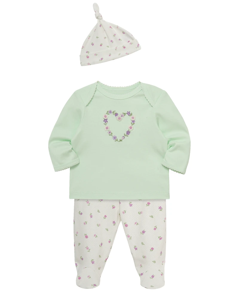 Little Me Baby Girls' Floral Heart Lap-Shoulder Top, Pants and Hat, 3-Piece Set