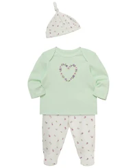 Little Me Baby Girls' Floral Heart Lap-Shoulder Top, Pants and Hat, 3-Piece Set