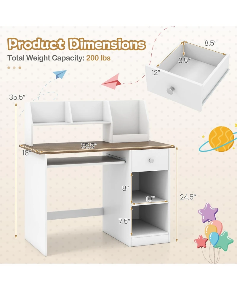 Slickblue Kids Study Desk with Hutch Drawer Shelves and Keyboard Tray Storage