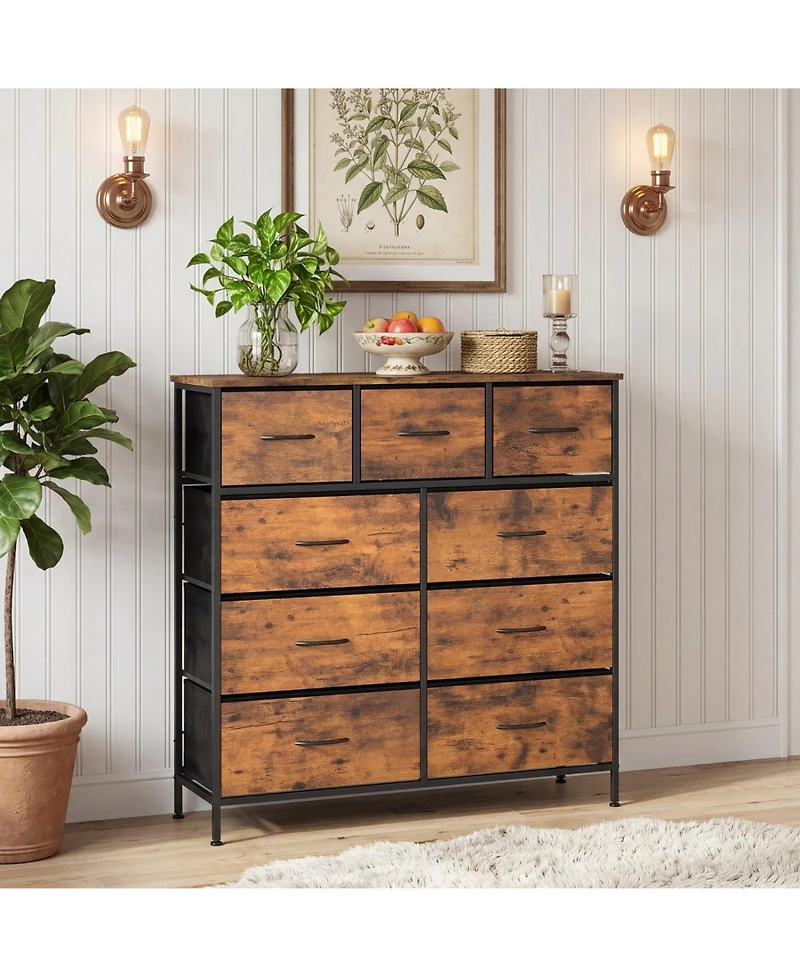 Slickblue Bedroom Storage Dresser with 9 Fabric Drawers and Wooden Top Frame