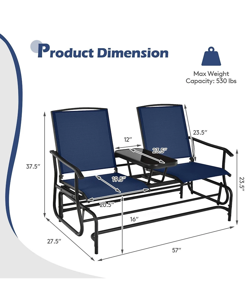 Slickblue Double Rocking Patio Loveseat with Tempered Glass Table and Mesh Fabric