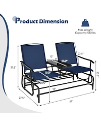 Slickblue Double Rocking Patio Loveseat with Tempered Glass Table and Mesh Fabric