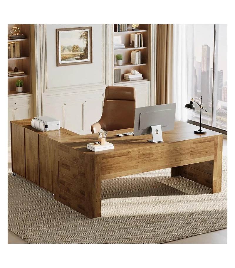 Tribesigns 63" Desk and 47" Rolling File Cabinet: L-shaped computer desk with drawers and shelves. Rustic home office furniture