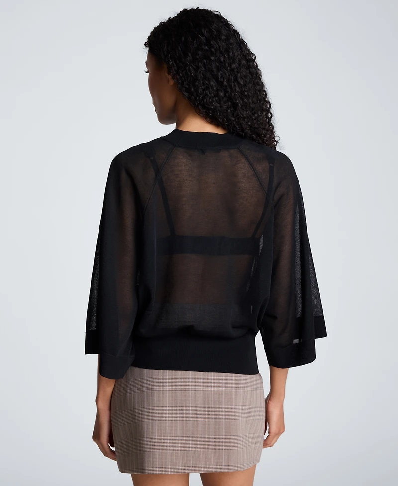 Kenneth Cole Women's Semi-Sheer Raglan Crewneck Cropped Sweater