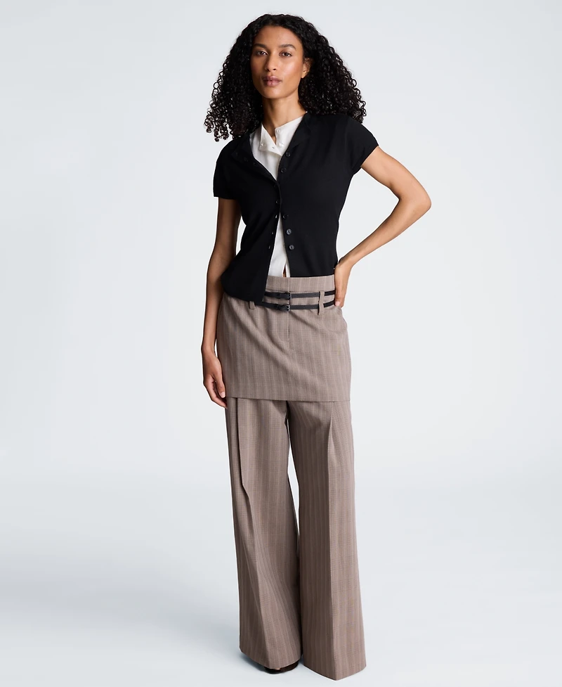 Kenneth Cole Women's High-Rise Double-Belt Pleated Wide-Leg Pants