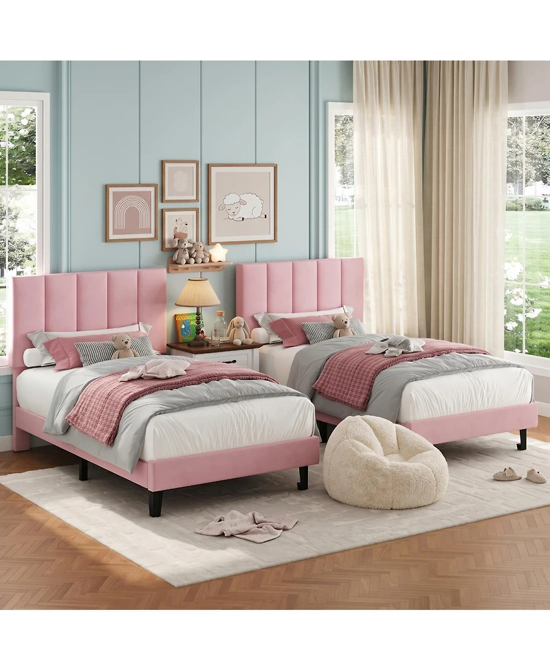 homfan 2 Set Twin Size Velvet Upholstered Platform Bed Frame with Adjustable Tufted Headboard, No Box Spring Needed, Easy Assembly