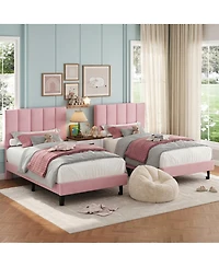 homfan 2 Set Twin Size Velvet Upholstered Platform Bed Frame with Adjustable Tufted Headboard, No Box Spring Needed, Easy Assembly
