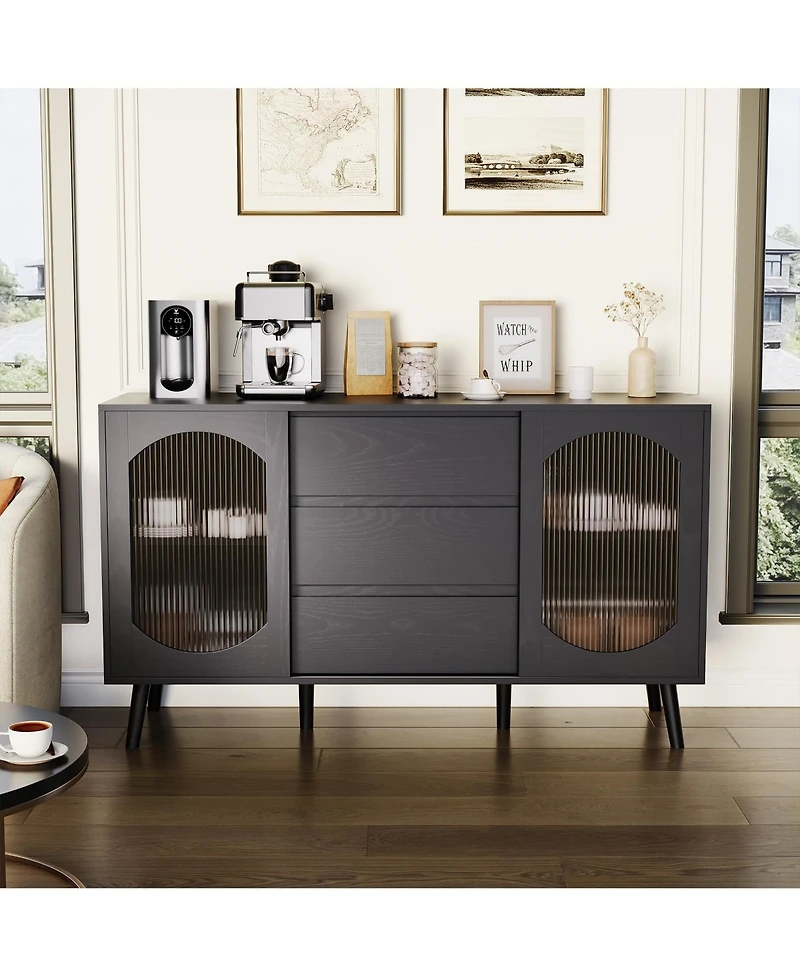 homfan 52.7'' Buffet Cabinet with 2 Fluted Glass Doors, 3 Drawers and Adjustable Shelves, Storage Sideboard for Kitchen, Dining Room or Living Room