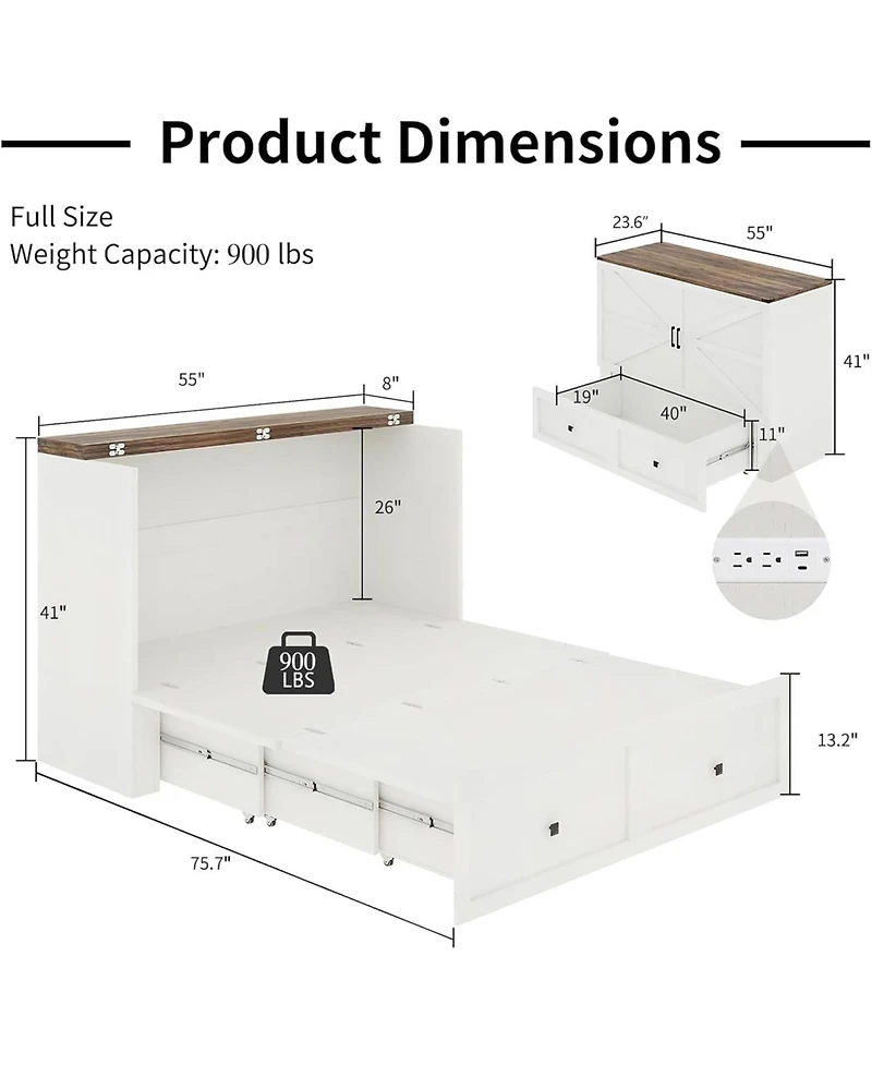 homfan Farmhouse Murphy Bed, Full Size Wood Murphy Bed Cabinet with Charging Station and 900 Lb Capacity for Living Room or Office