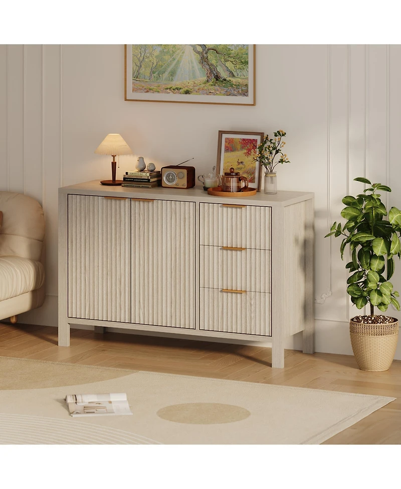 homfan Fluted Sideboard Storage Cabinet with Doors, Drawers and Adjustable Shelves for Dining Room or Living Room