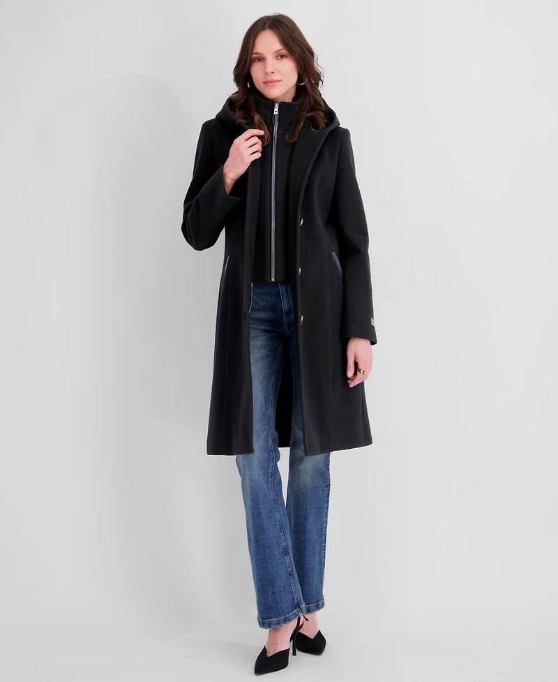 Tahari Women's Bibbed Faux-Leather Trimmed Hooded Coat