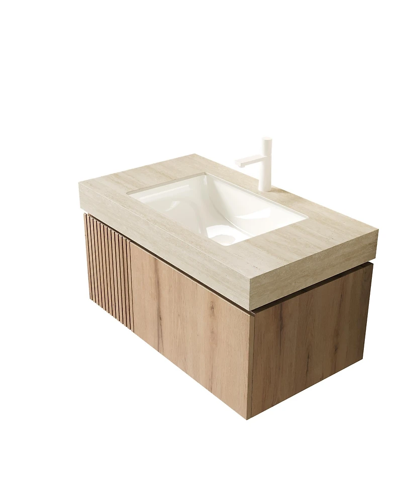 Busdays 36 Inch Roma Travertine Sintered Stone Vanity Top with Undermount Ceramic Sink One Standard Pre Drilled Hole Cabinet Faucet