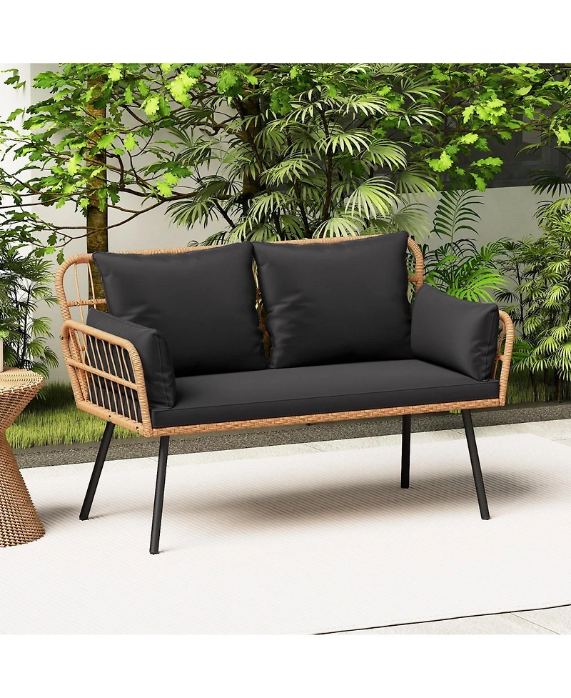 Gymax Patio Wicker Loveseat Furniture w/Seat Back Cushions Heavy-Duty Metal Legs Outdoor