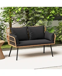 Gymax Patio Wicker Loveseat Furniture w/Seat Back Cushions Heavy-Duty Metal Legs Outdoor
