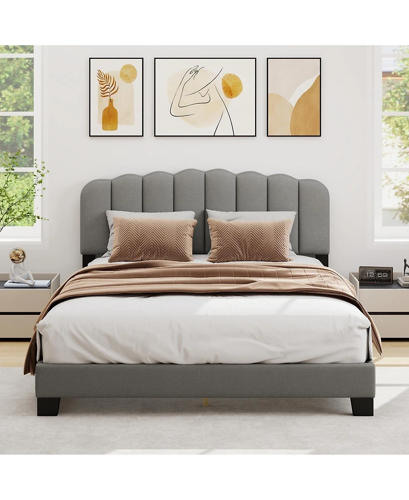 Slickblue Upholstered Queen Bed Frame with Scalloped Tufted Headboard for Bedroom