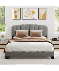 Slickblue Upholstered Queen Bed Frame with Scalloped Tufted Headboard for Bedroom