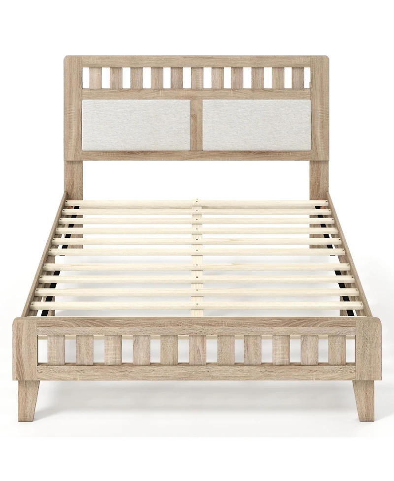 Slickblue Mid-Century Modern Bed Frame with Wood Base and Upholstered Headboard