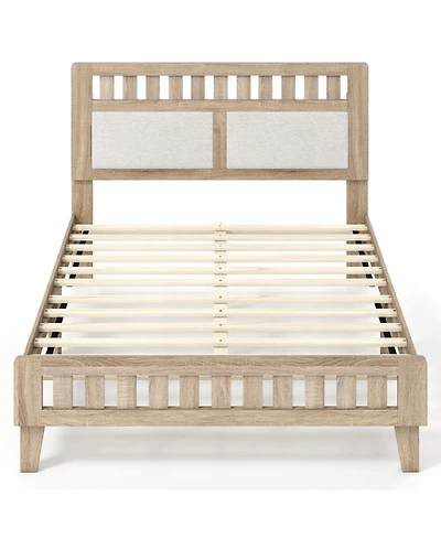 Slickblue Mid-Century Modern Bed Frame with Wood Base and Upholstered Headboard