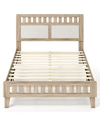 Slickblue Mid-Century Modern Bed Frame with Wood Base and Upholstered Headboard