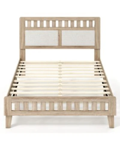 Slickblue Mid Century Modern Bed Frame With Wood Base Upholstered Headboard