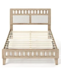 Slickblue Mid Century Modern Bed Frame With Wood Base Upholstered Headboard