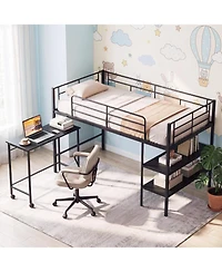 Slickblue Twin Loft Bed Frame with Rolling Desk and Built-In Bookshelf Storage