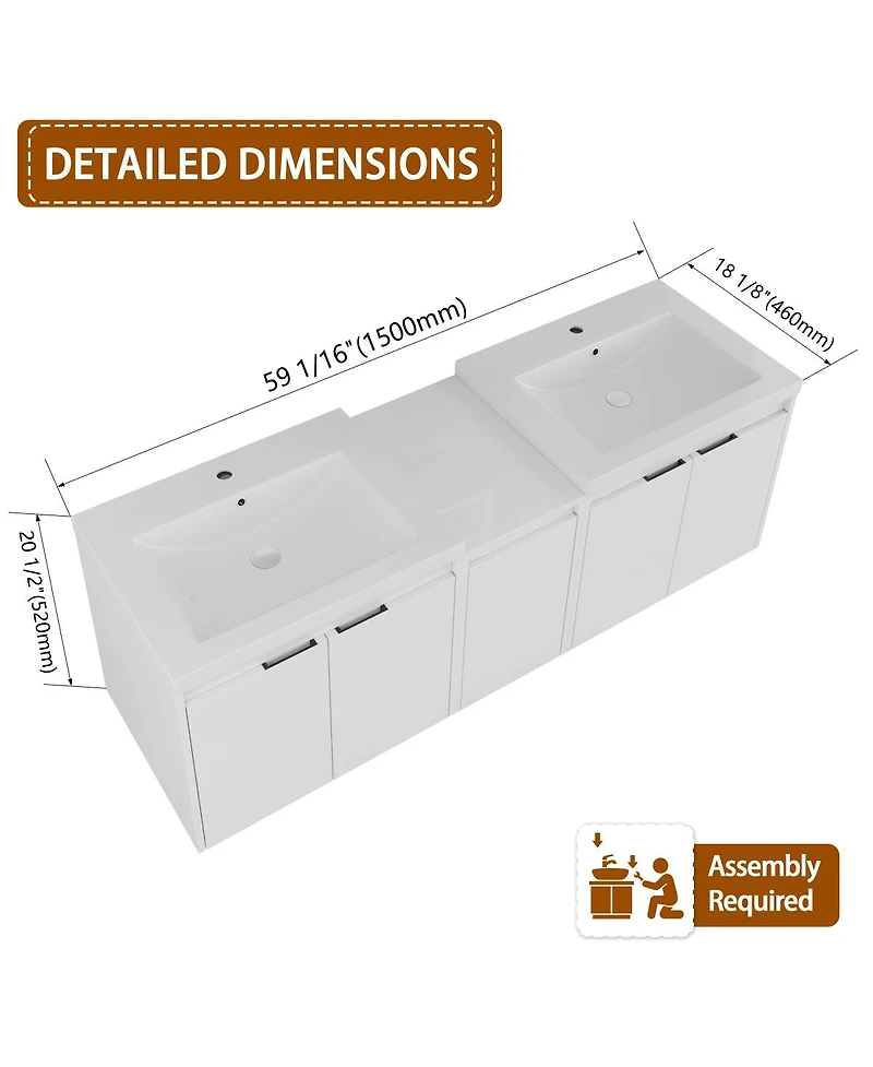 Sillysis 59 Inch Wall Mounted Double Bathroom Vanity with Resin Sinks, Soft Close Doors, Water-Resistant Cabinet, Side Storage