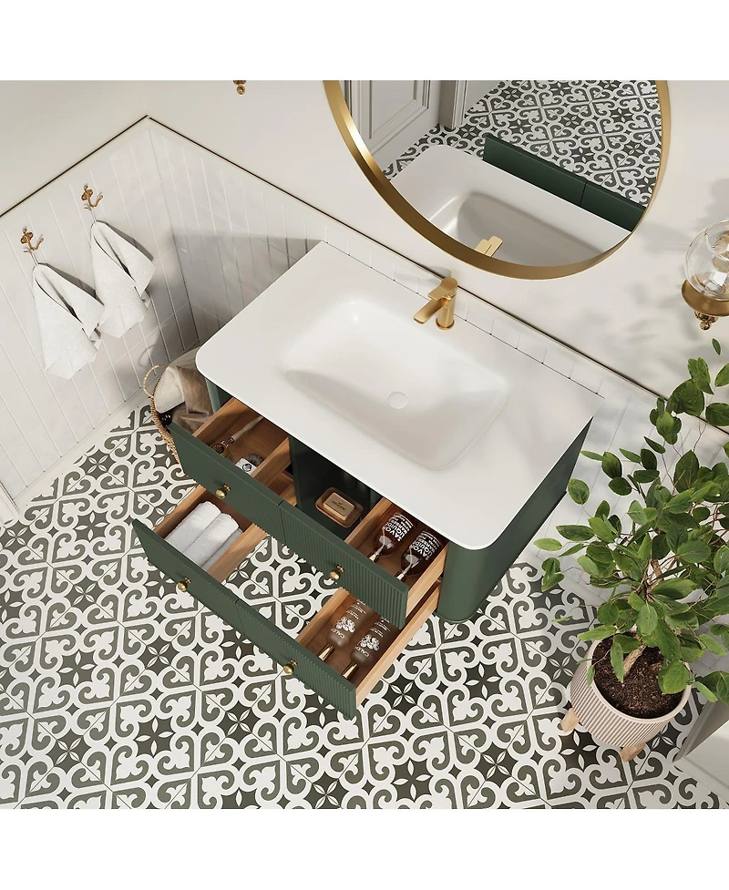 Sillysis 30" Wall-Mounted Bathroom Vanity with Acrylic Sink, Soft Close Drawers, Striped Cabinet, Two Handle Options